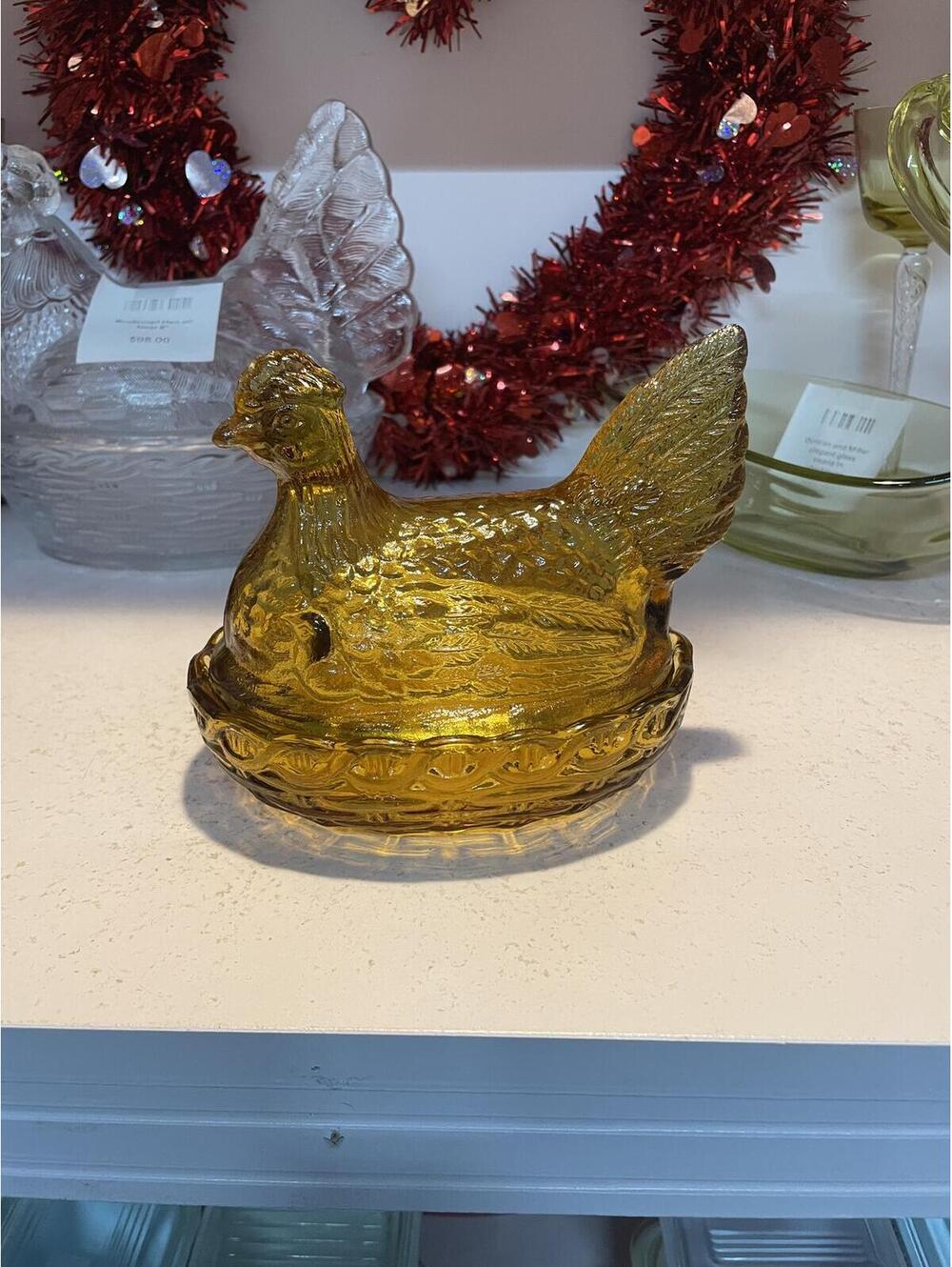 LE Smith Vintage Amber Hen on Nest 6” Covered Glass Candy Dish